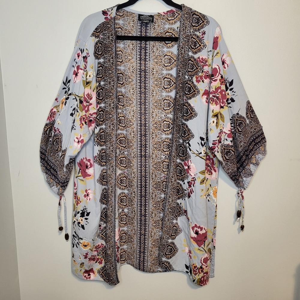 Floral Printed Open Kimono Jacket - Light Blue